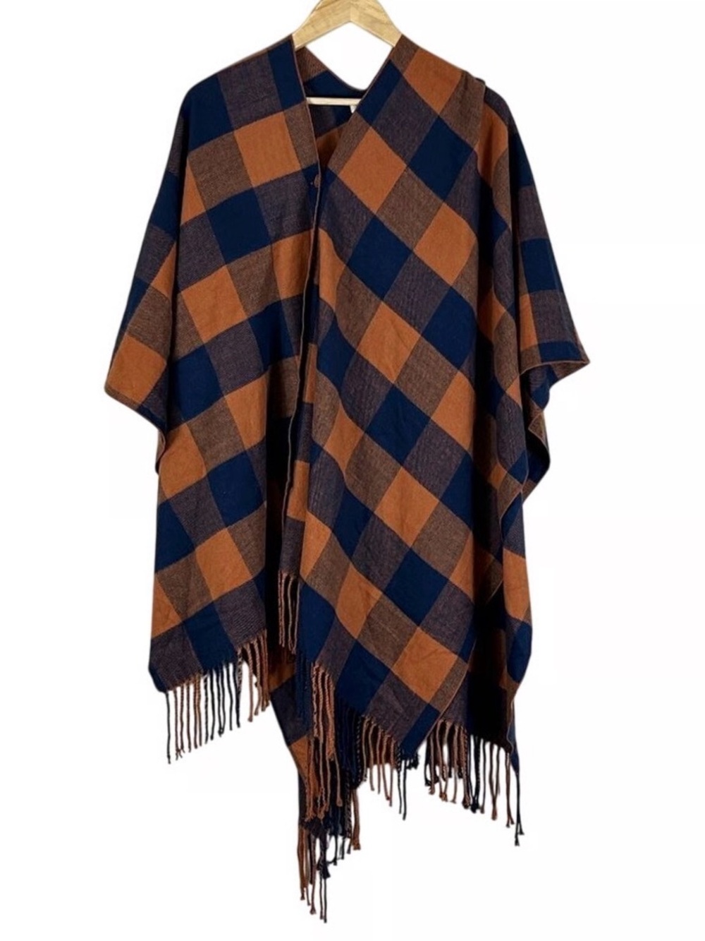 Matilda Jane Warm Sunset Poncho One Size Navy Orange Buffalo Plaid Fringe